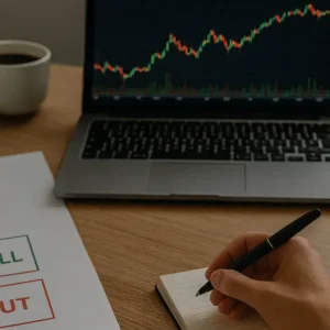 Ventaja options trading learning setup with candlestick charts on laptop, CALL and PUT option sheets, and a student taking notes.