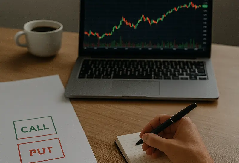 Ventaja options trading learning setup with candlestick charts on laptop, CALL and PUT option sheets, and a student taking notes.