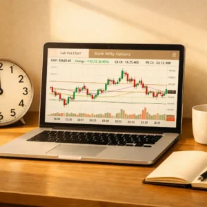 10 AM Super Strategy trading setup showing Bank Nifty options chart and 10 AM clock.