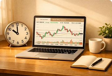 The 10 AM Super Strategy trading setup with Bank Nifty options chart and clock showing 10 AM.