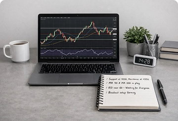 Technical Analysis Mastery Program setup showing candlestick charts, RSI indicators, and handwritten analysis notes.
