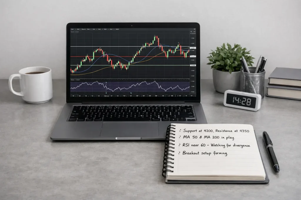 Technical Analysis Mastery Program setup showing candlestick charts, RSI indicator, and handwritten trading notes.