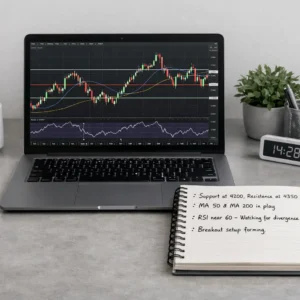 Technical Analysis Mastery Program setup showing candlestick charts, RSI indicator, and handwritten trading notes.
